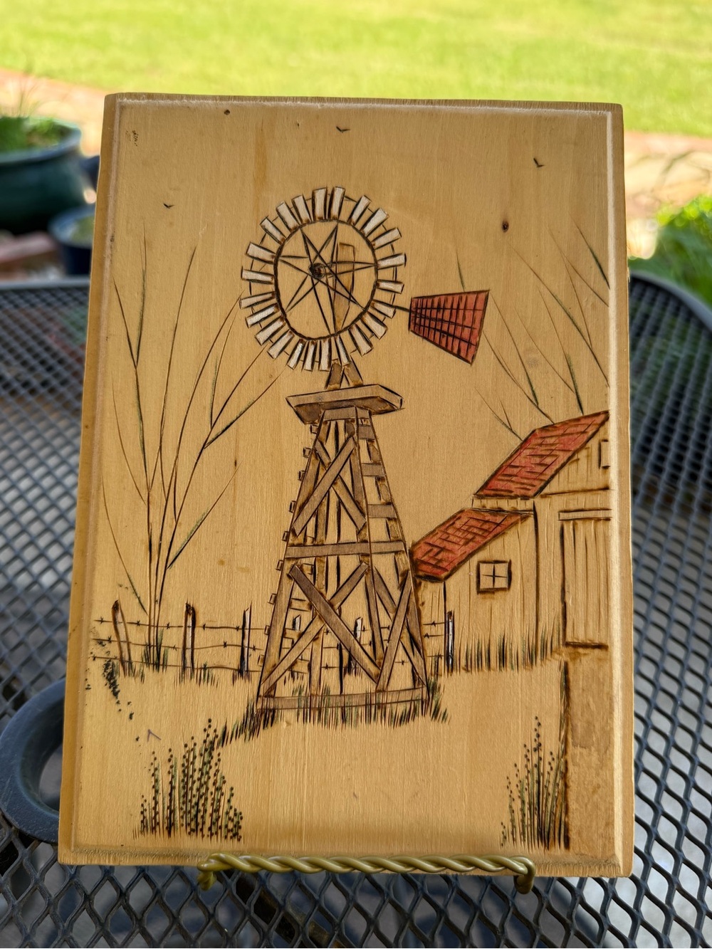 Signed Folk Art Barn Farm Plaque Pyrography Burned  Carved Wood Windmill